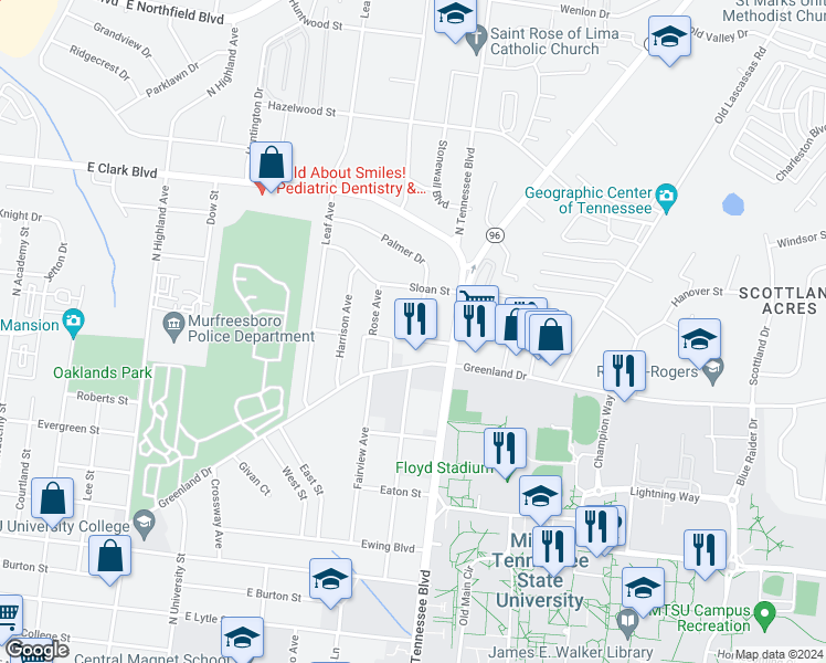 map of restaurants, bars, coffee shops, grocery stores, and more near 1207 Sloan Street in Murfreesboro