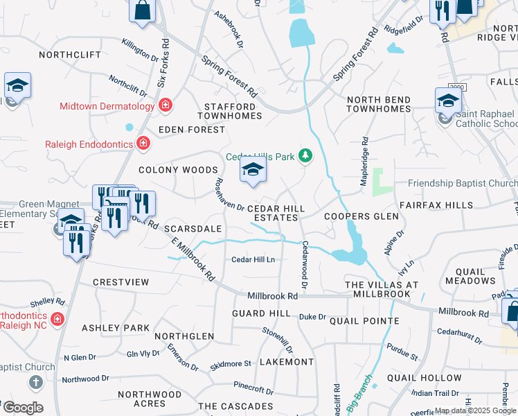map of restaurants, bars, coffee shops, grocery stores, and more near 429 Rosehaven Drive in Raleigh