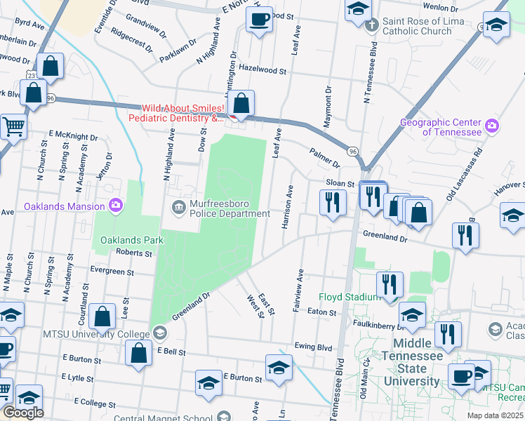 map of restaurants, bars, coffee shops, grocery stores, and more near 931 Leaf Avenue in Murfreesboro