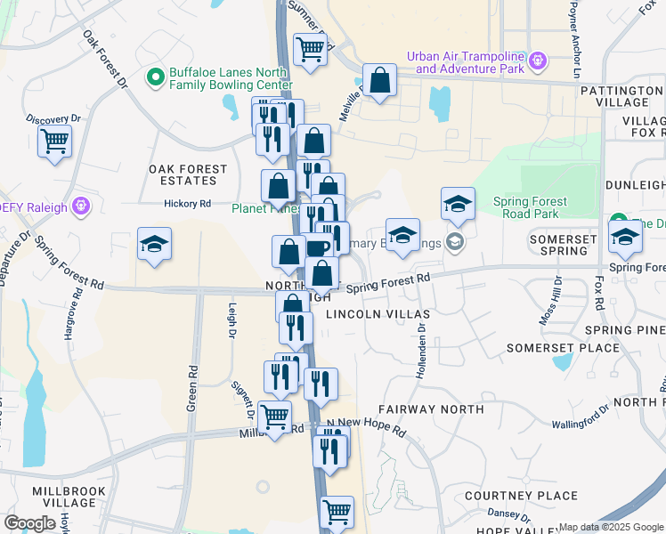 map of restaurants, bars, coffee shops, grocery stores, and more near 3611 Spring Forest Road in Raleigh