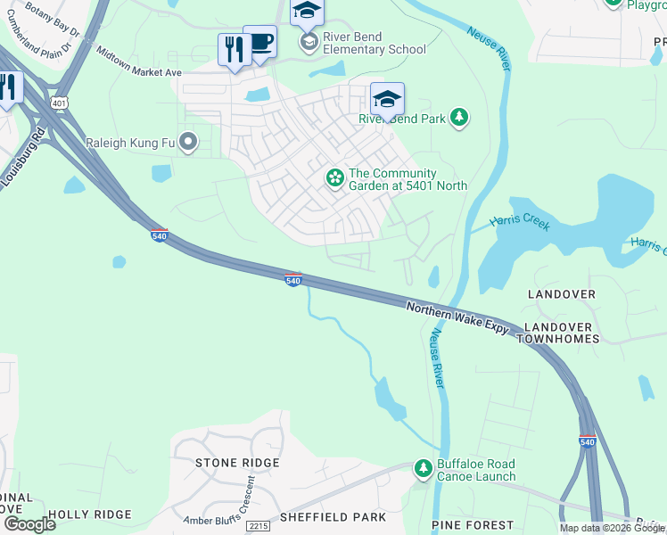 map of restaurants, bars, coffee shops, grocery stores, and more near 5841 Humanity Lane in Raleigh