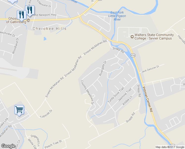 map of restaurants, bars, coffee shops, grocery stores, and more near 1725 Country Meadows Drive in Sevierville