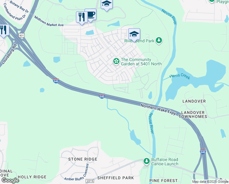 map of restaurants, bars, coffee shops, grocery stores, and more near 5845 Humanity Lane in Raleigh