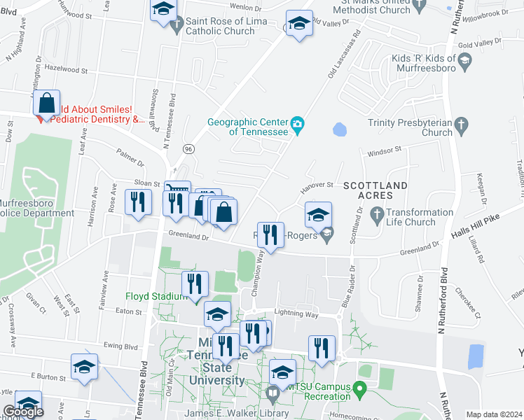 map of restaurants, bars, coffee shops, grocery stores, and more near 1134 Old Lascassas Road in Murfreesboro