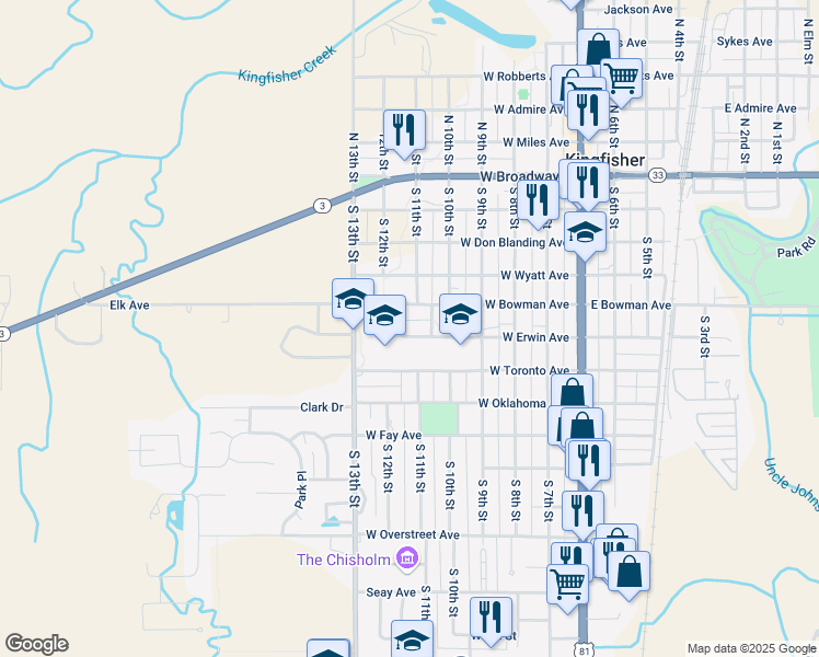 map of restaurants, bars, coffee shops, grocery stores, and more near 520 West Erwin Avenue in Kingfisher