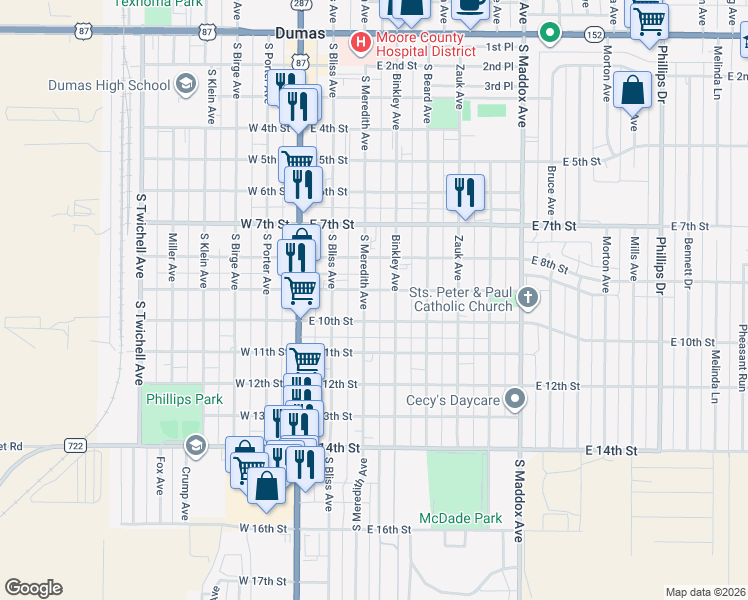 map of restaurants, bars, coffee shops, grocery stores, and more near 917 South Meredith Avenue in Dumas