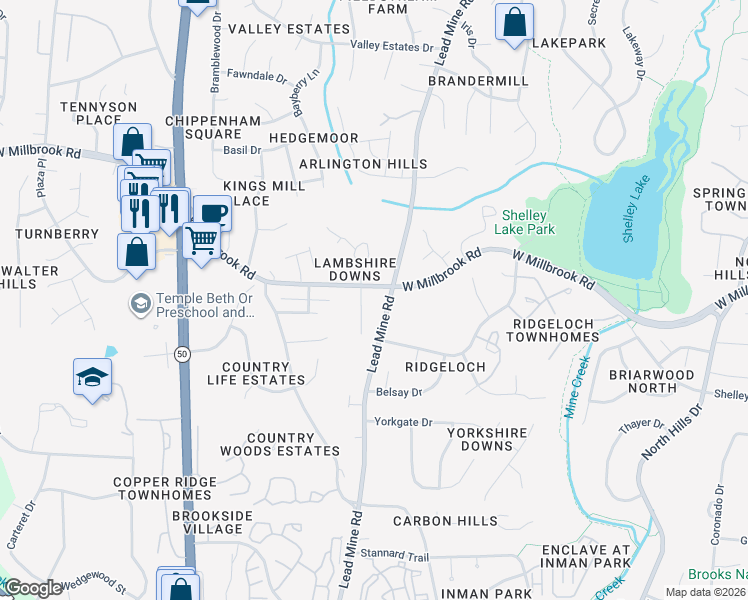 map of restaurants, bars, coffee shops, grocery stores, and more near 5514 Lambshire Drive in Raleigh