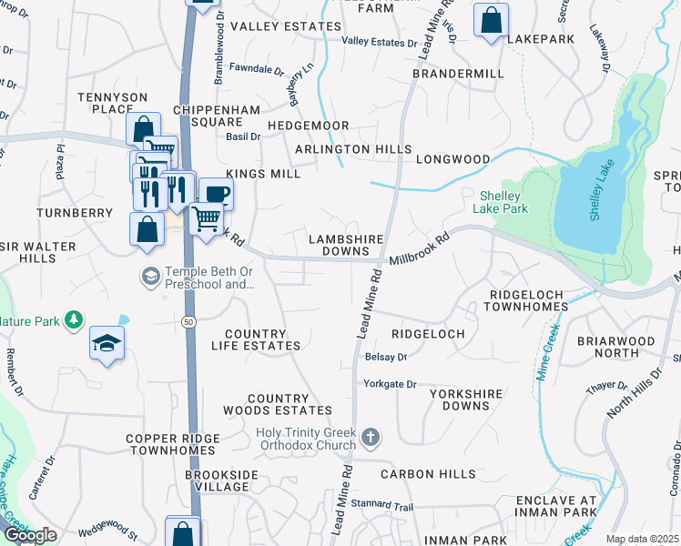 map of restaurants, bars, coffee shops, grocery stores, and more near 5515 Lambshire Drive in Raleigh