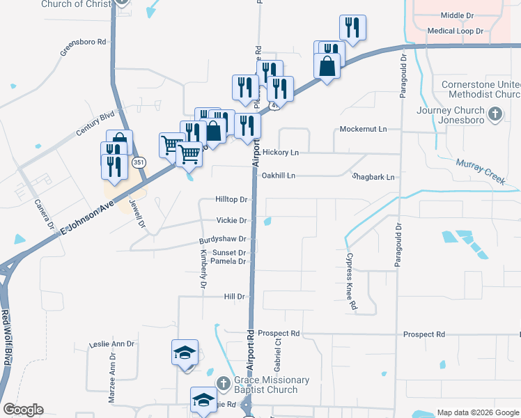 map of restaurants, bars, coffee shops, grocery stores, and more near 1211 Airport Road in Jonesboro
