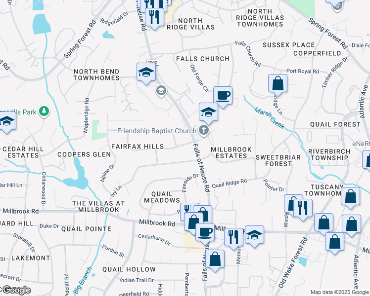 map of restaurants, bars, coffee shops, grocery stores, and more near 1404 Fairfax Drive in Raleigh