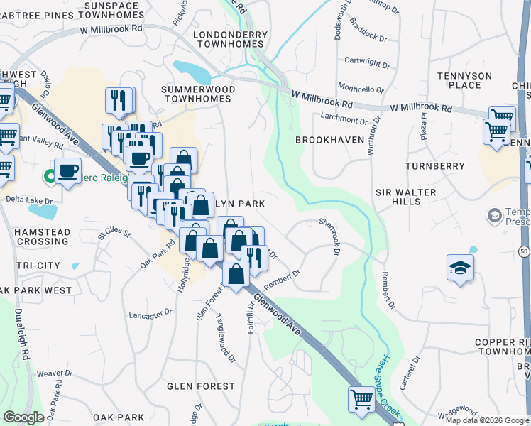 map of restaurants, bars, coffee shops, grocery stores, and more near 5412 Parkwood Drive in Raleigh