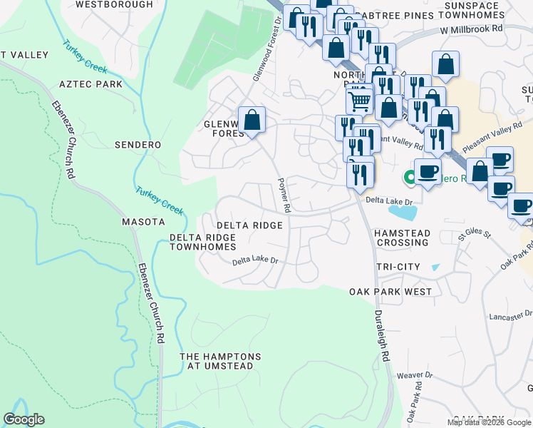 map of restaurants, bars, coffee shops, grocery stores, and more near 5605 Glencree Court in Raleigh