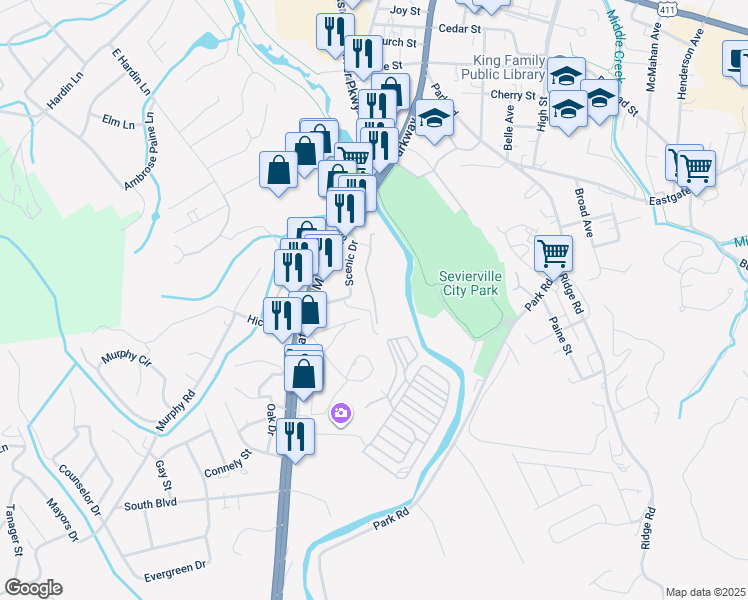 map of restaurants, bars, coffee shops, grocery stores, and more near 122 Scenic Drive in Sevierville