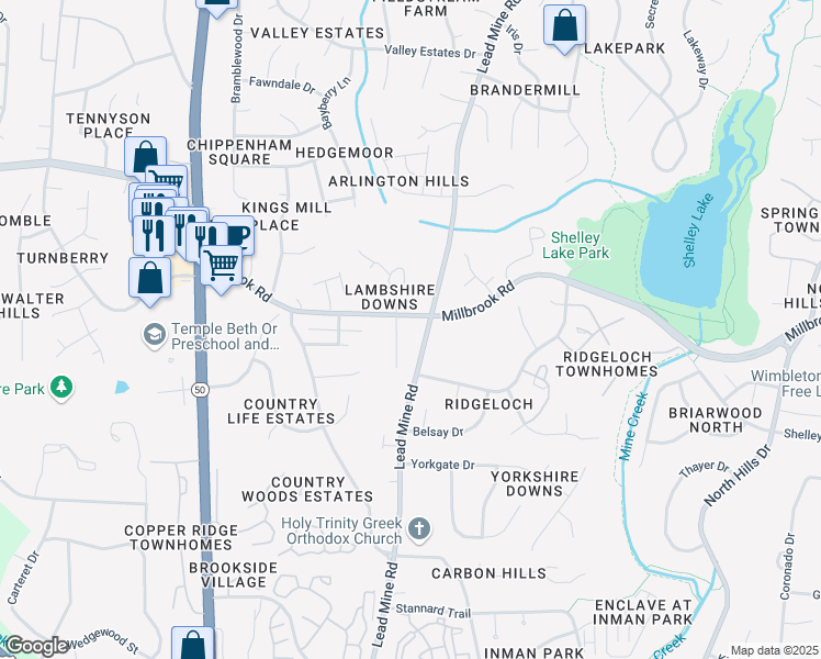 map of restaurants, bars, coffee shops, grocery stores, and more near 5514 Lambshire Drive in Raleigh