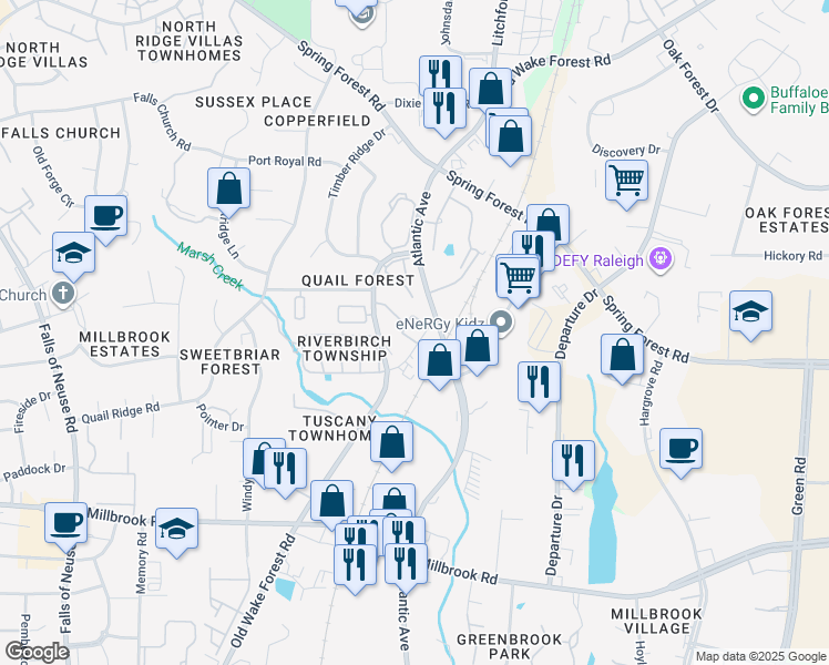 map of restaurants, bars, coffee shops, grocery stores, and more near 5615 Old Wake Forest Road in Raleigh