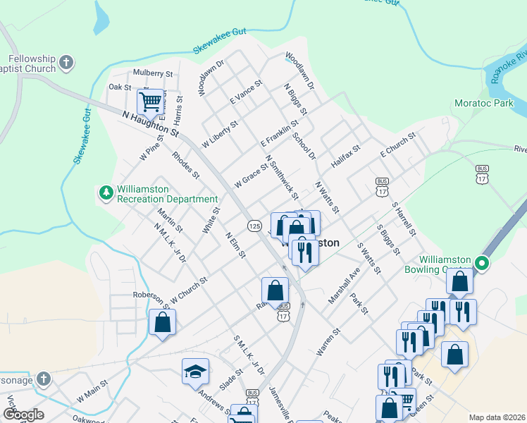 map of restaurants, bars, coffee shops, grocery stores, and more near 215 Hassell Street in Williamston