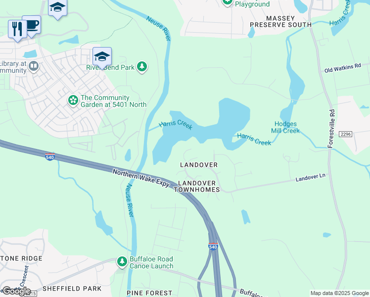 map of restaurants, bars, coffee shops, grocery stores, and more near 3920 Landover Lane in Raleigh