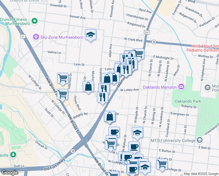 map of restaurants, bars, coffee shops, grocery stores, and more near 420 Medical Center Parkway in Murfreesboro