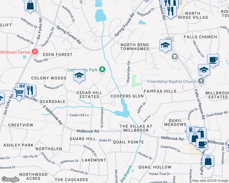 map of restaurants, bars, coffee shops, grocery stores, and more near 5408 Mapleridge Road in Raleigh