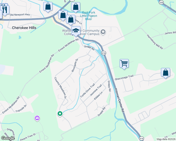 map of restaurants, bars, coffee shops, grocery stores, and more near 1738 Meadow Ridge Circle in Sevierville