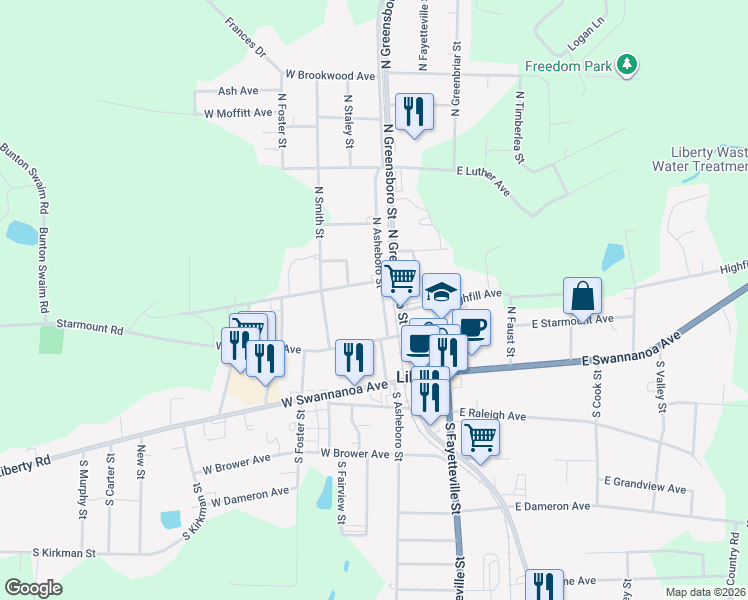 map of restaurants, bars, coffee shops, grocery stores, and more near 239 North Asheboro Street in Liberty