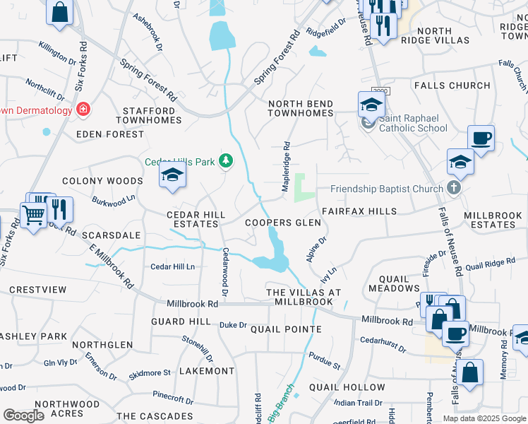 map of restaurants, bars, coffee shops, grocery stores, and more near 652 Pine Ridge Place in Raleigh
