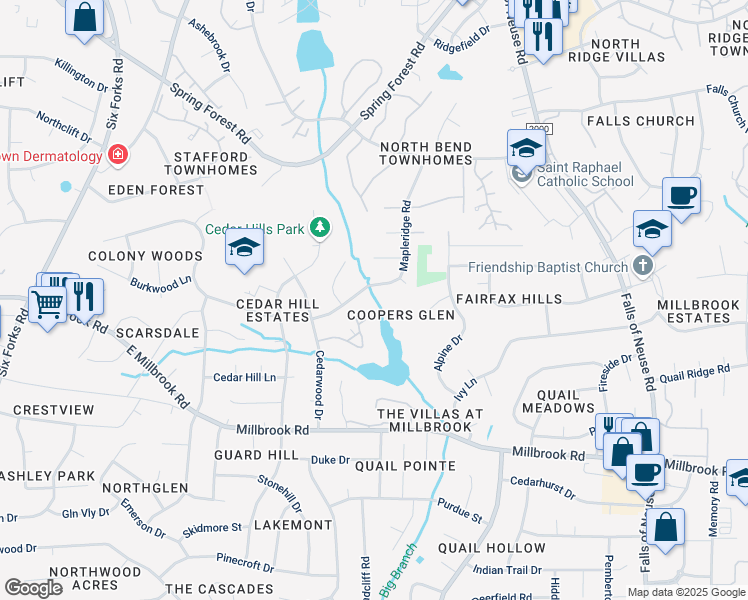 map of restaurants, bars, coffee shops, grocery stores, and more near 5064 Flint Ridge Place in Raleigh