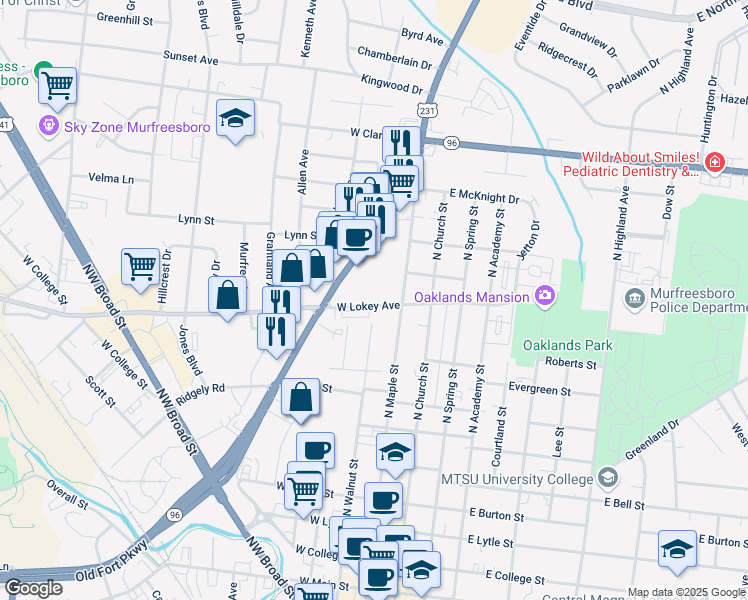 map of restaurants, bars, coffee shops, grocery stores, and more near 214 West Lokey Avenue in Murfreesboro