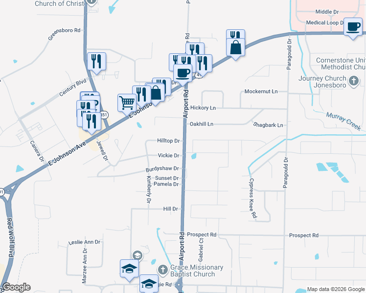 map of restaurants, bars, coffee shops, grocery stores, and more near 1211 Airport Road in Jonesboro
