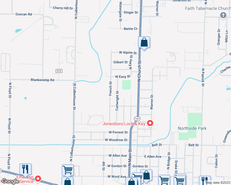 map of restaurants, bars, coffee shops, grocery stores, and more near 1107 Cartwright Street in Jonesboro