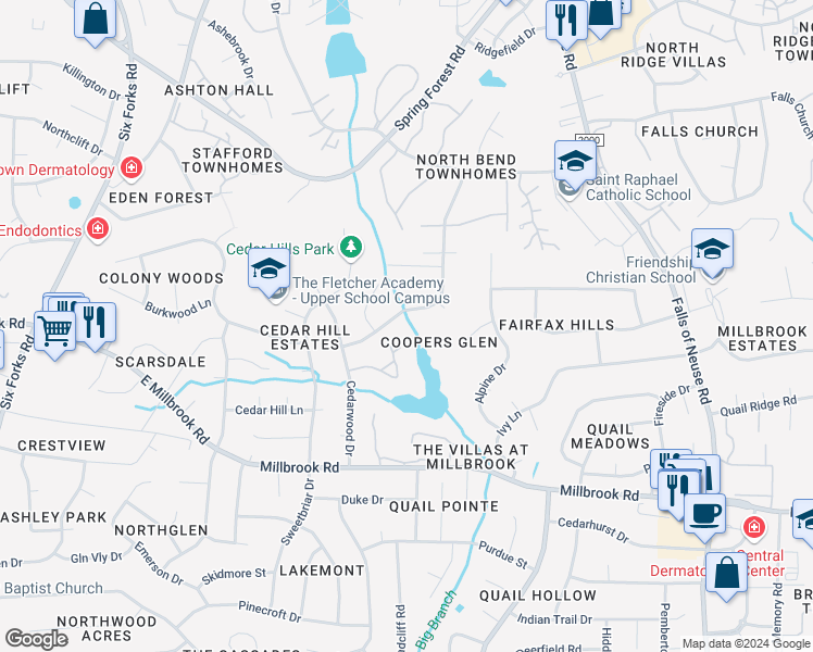 map of restaurants, bars, coffee shops, grocery stores, and more near 5138 Flint Ridge Place in Raleigh