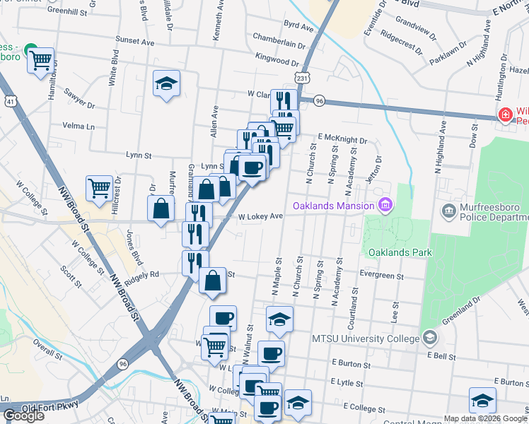 map of restaurants, bars, coffee shops, grocery stores, and more near 214 West Lokey Avenue in Murfreesboro