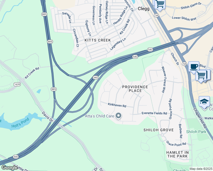 map of restaurants, bars, coffee shops, grocery stores, and more near 1013 Dawson Creek Road in Morrisville