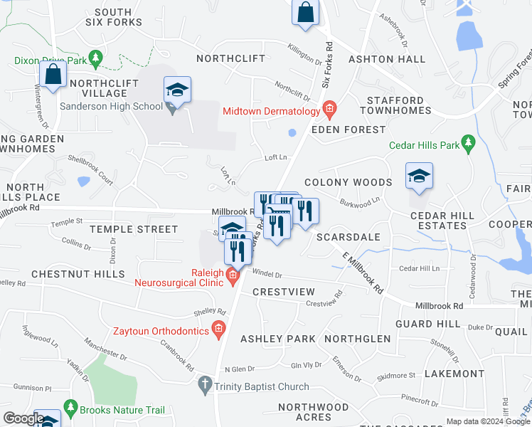 map of restaurants, bars, coffee shops, grocery stores, and more near 52 West Millbrook Road in Raleigh