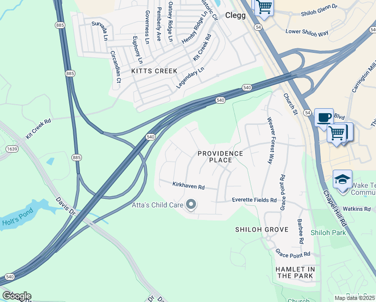 map of restaurants, bars, coffee shops, grocery stores, and more near 1004 Falcon Ridge Lane in Morrisville