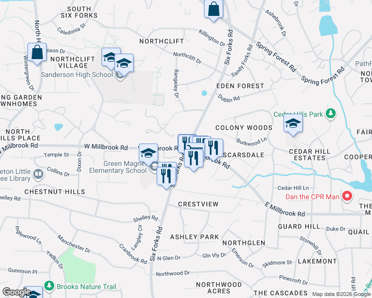 map of restaurants, bars, coffee shops, grocery stores, and more near 101 West Millbrook Road in Raleigh