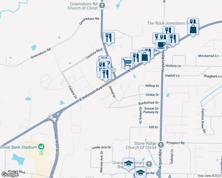 map of restaurants, bars, coffee shops, grocery stores, and more near 1206a Jewell Drive in Jonesboro