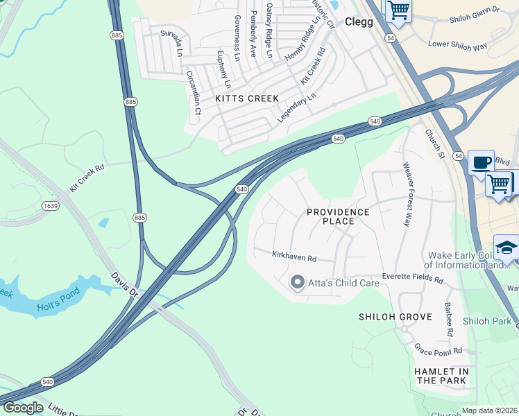 map of restaurants, bars, coffee shops, grocery stores, and more near 1044 Dawson Creek Road in Morrisville