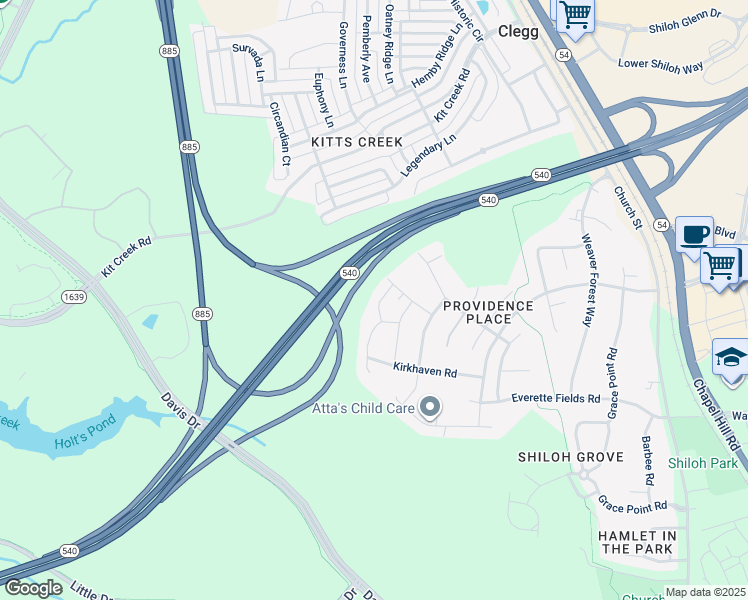 map of restaurants, bars, coffee shops, grocery stores, and more near 1024 Dawson Creek Road in Morrisville