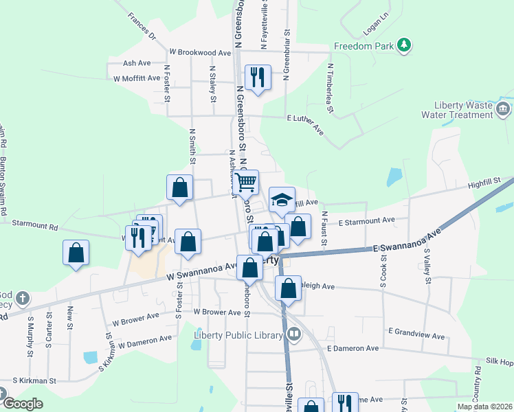 map of restaurants, bars, coffee shops, grocery stores, and more near 232 North Greensboro Street in Liberty