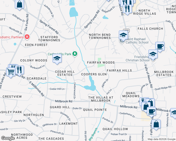 map of restaurants, bars, coffee shops, grocery stores, and more near 5408 Mapleridge Road in Raleigh
