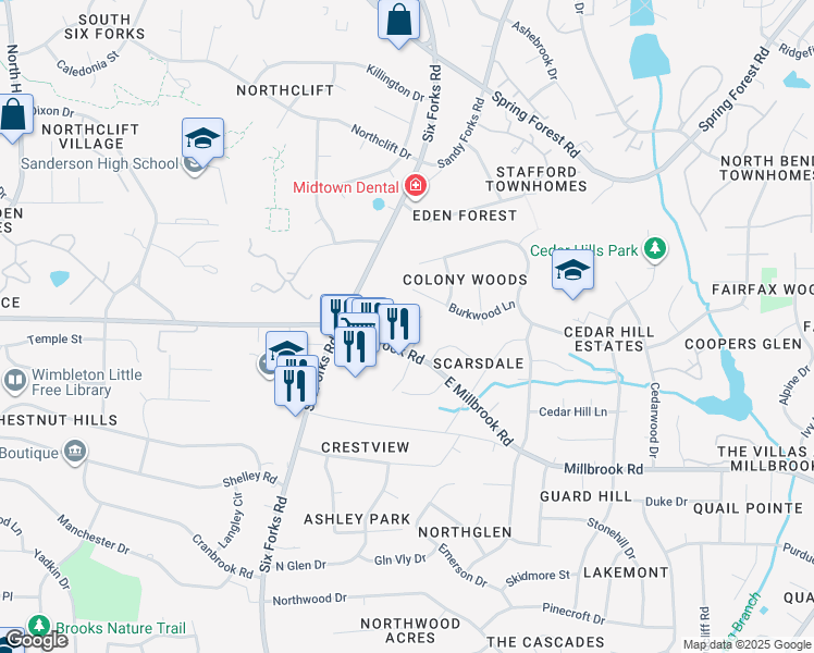 map of restaurants, bars, coffee shops, grocery stores, and more near 5581 Burnlee Place in Raleigh