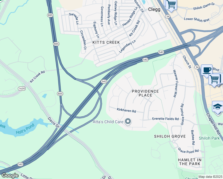 map of restaurants, bars, coffee shops, grocery stores, and more near 1024 Dawson Creek Road in Morrisville
