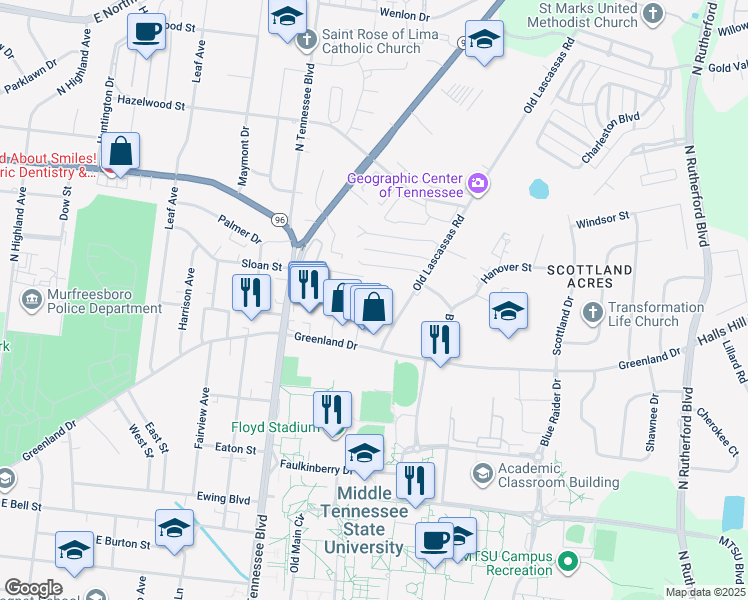 map of restaurants, bars, coffee shops, grocery stores, and more near 1403 Rocky Lane in Murfreesboro