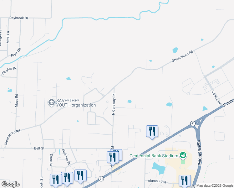 map of restaurants, bars, coffee shops, grocery stores, and more near 1000 North Caraway Road in Jonesboro