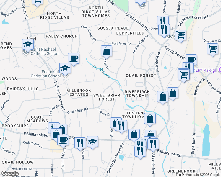 map of restaurants, bars, coffee shops, grocery stores, and more near 5126 Windy Hill Drive in Raleigh