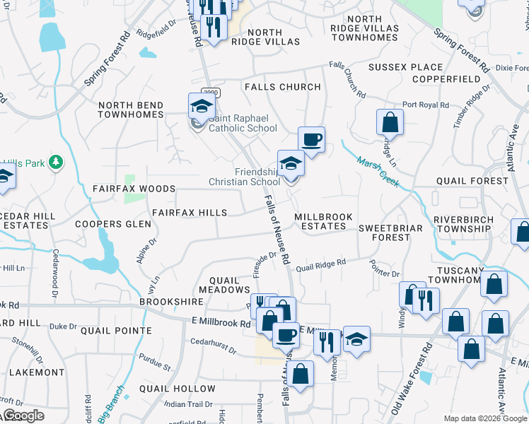 map of restaurants, bars, coffee shops, grocery stores, and more near 1404 Fairfax Drive in Raleigh