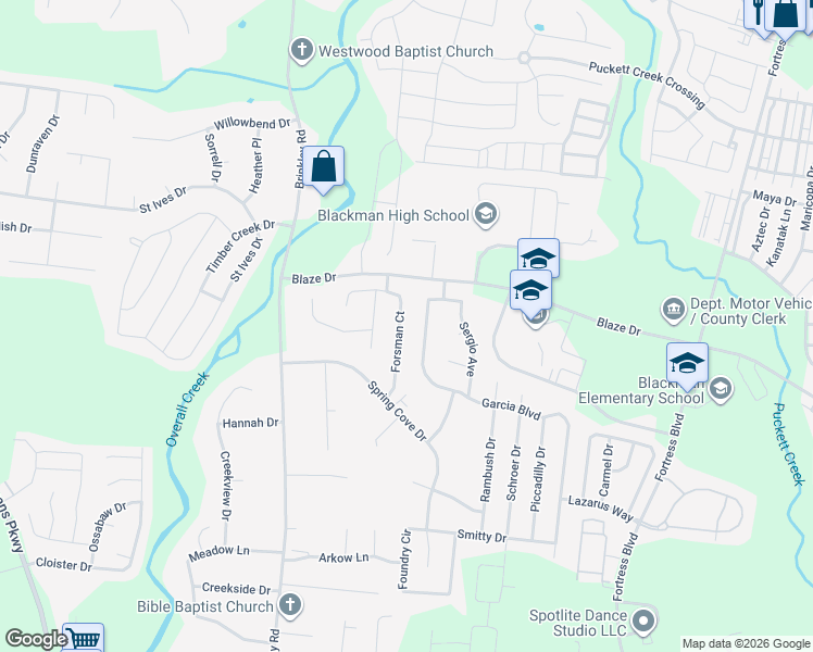 map of restaurants, bars, coffee shops, grocery stores, and more near 4649 Forsman Court in Murfreesboro