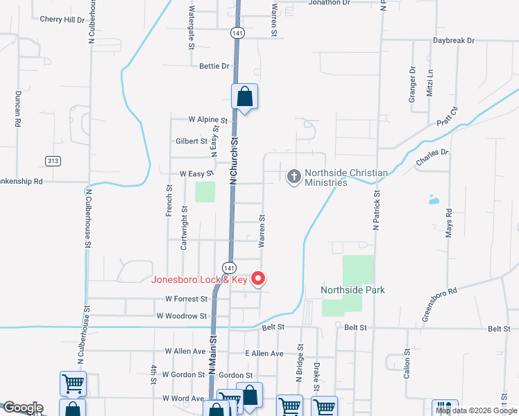 map of restaurants, bars, coffee shops, grocery stores, and more near 203 Maple Street in Jonesboro