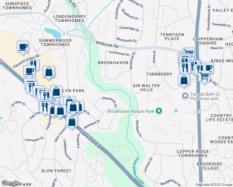 map of restaurants, bars, coffee shops, grocery stores, and more near 4905 Old Mill Place in Raleigh